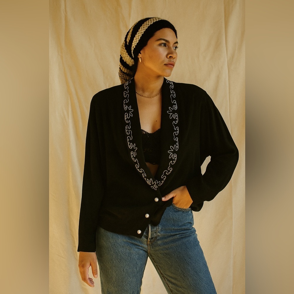 KAREN KANE | Black Cardigan with White Embroidery